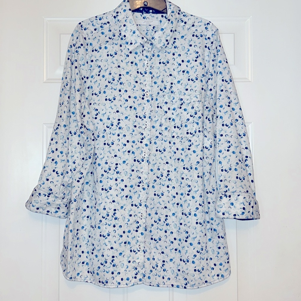 Foxcroft Womens Germaine Cotton Button-Up Shirt 14 Bubble Dots 3/4 Sleeve - Picture 3 of 15